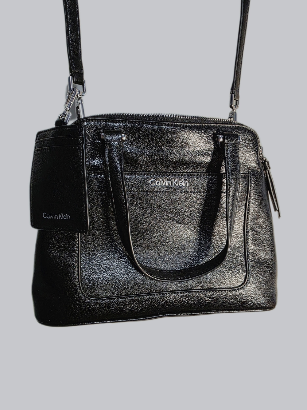 CALVIN KLEIN BLACK LEATHER TRIPLE COMPARTMENT CROSSBODY SATCHEL